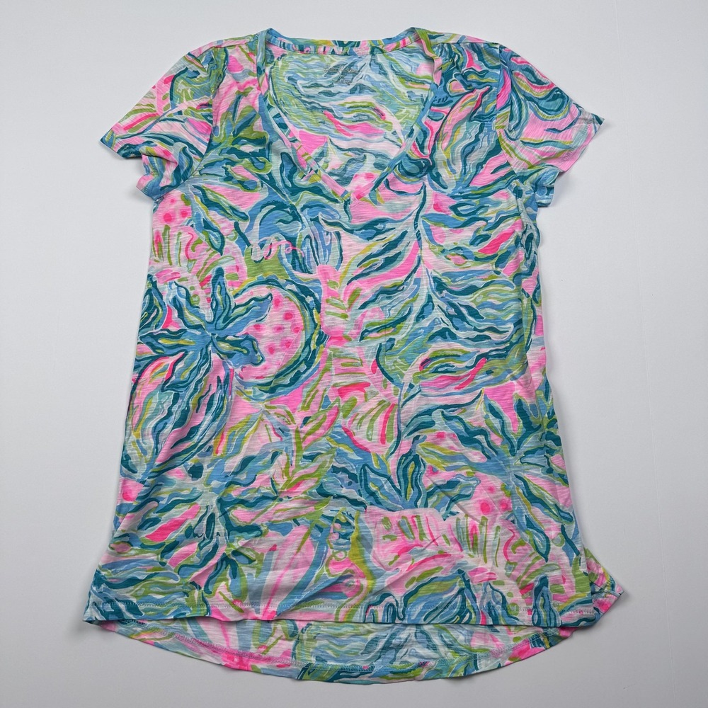 Lilly Pulitzer Dress Womens XS Pink Blue Green Tropical Print V Neck Knit Slub